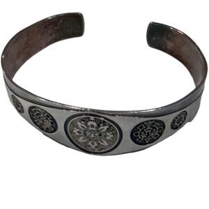 Vintage Mayan Aztec Sun Calendar Cuff Bracelet .925 Sterling Silver Mexico